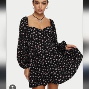 New Princess Polly Black Pink Rose Floral Sundress Sweetheart Neckline